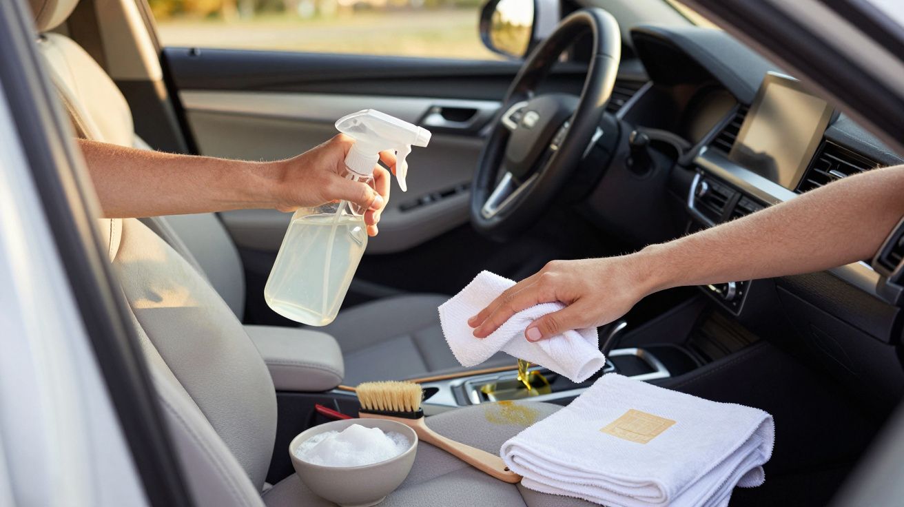 Mãos limpam o interior de um carro com pano e spray, com escova e toalhas no assento.