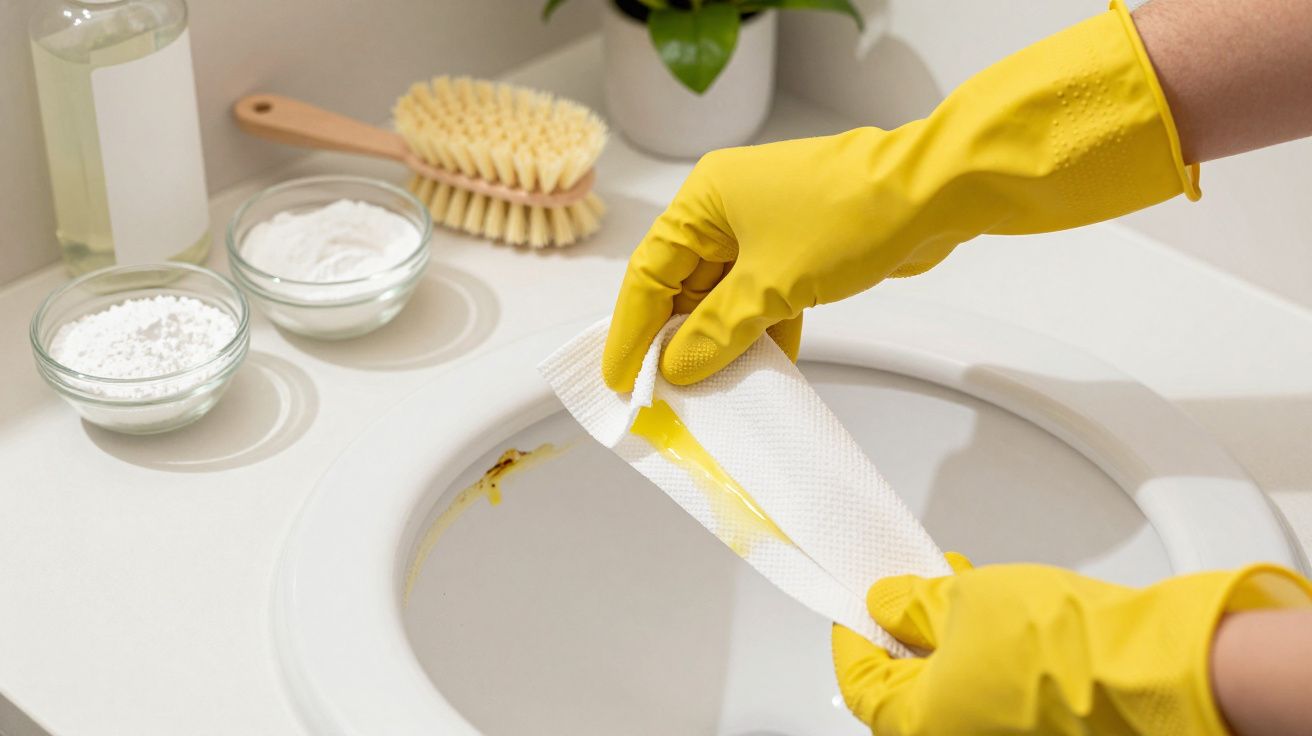 Pessoa com luvas amarelas a limpar sanita com papel absorvente num banheiro com produtos de limpeza ao lado.