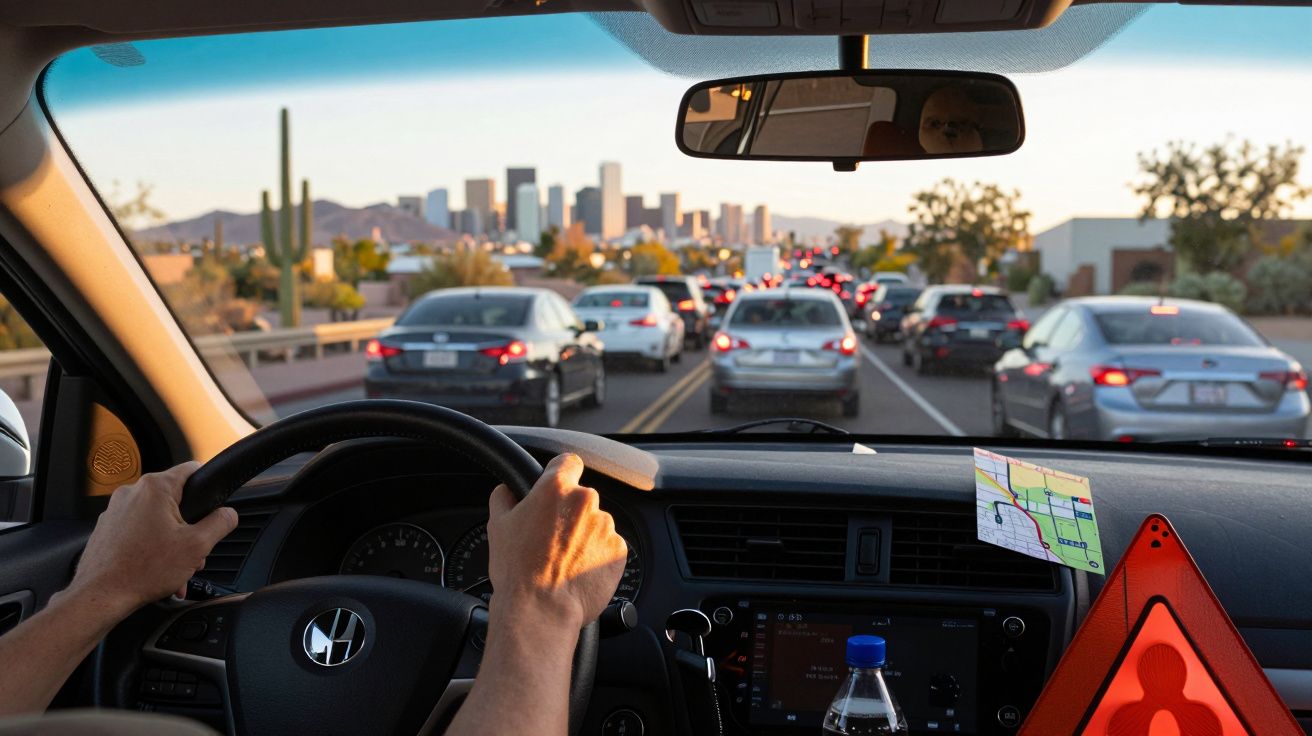 Condutor a dirigir num carro preso no trânsito ao entardecer, com um mapa no tablier e uma cidade ao fundo.
