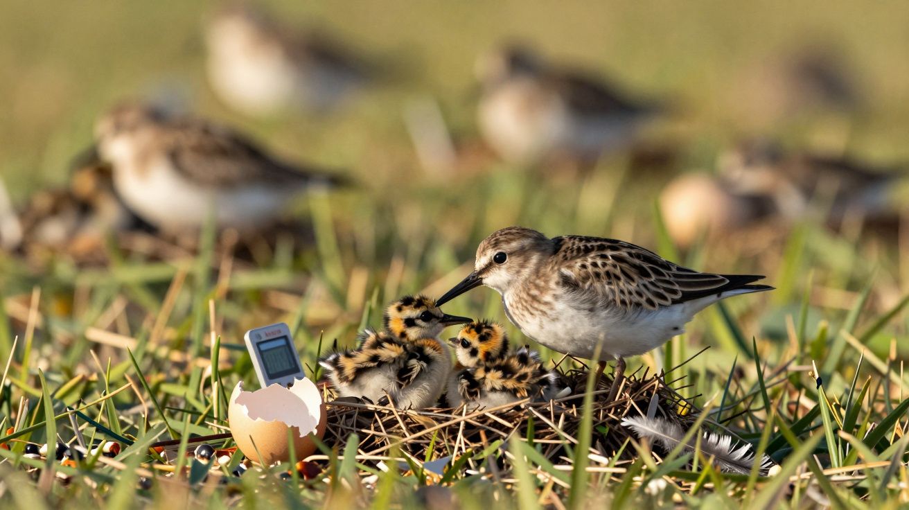 Pássaro adulto com crias num ninho no chão, próximo de uma casca de ovo quebrada e um termómetro.