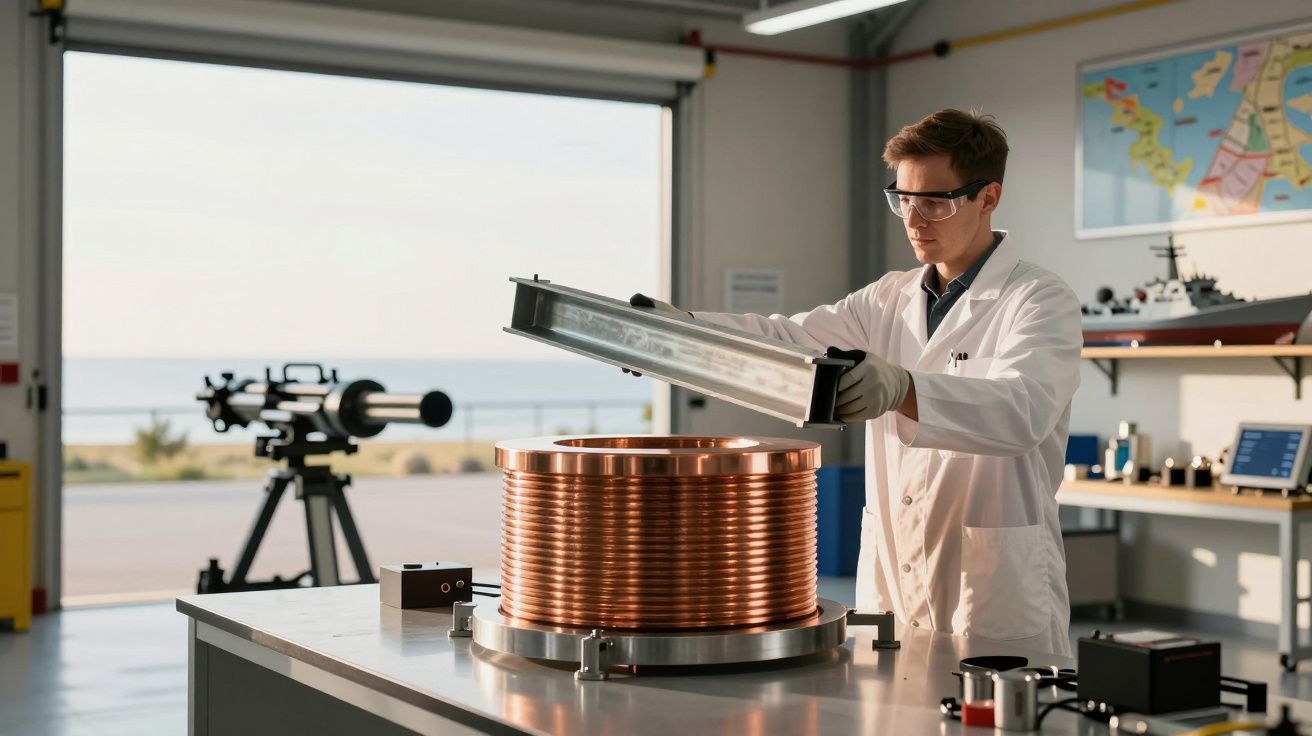 Cientista de bata branca ajusta equipamento de pesquisa em laboratório com vista para o mar.