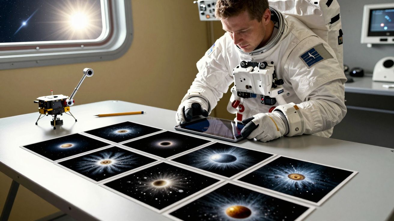 Astronauta analisa fotos de eventos cósmicos numa mesa, usando um tablet numa estação espacial.