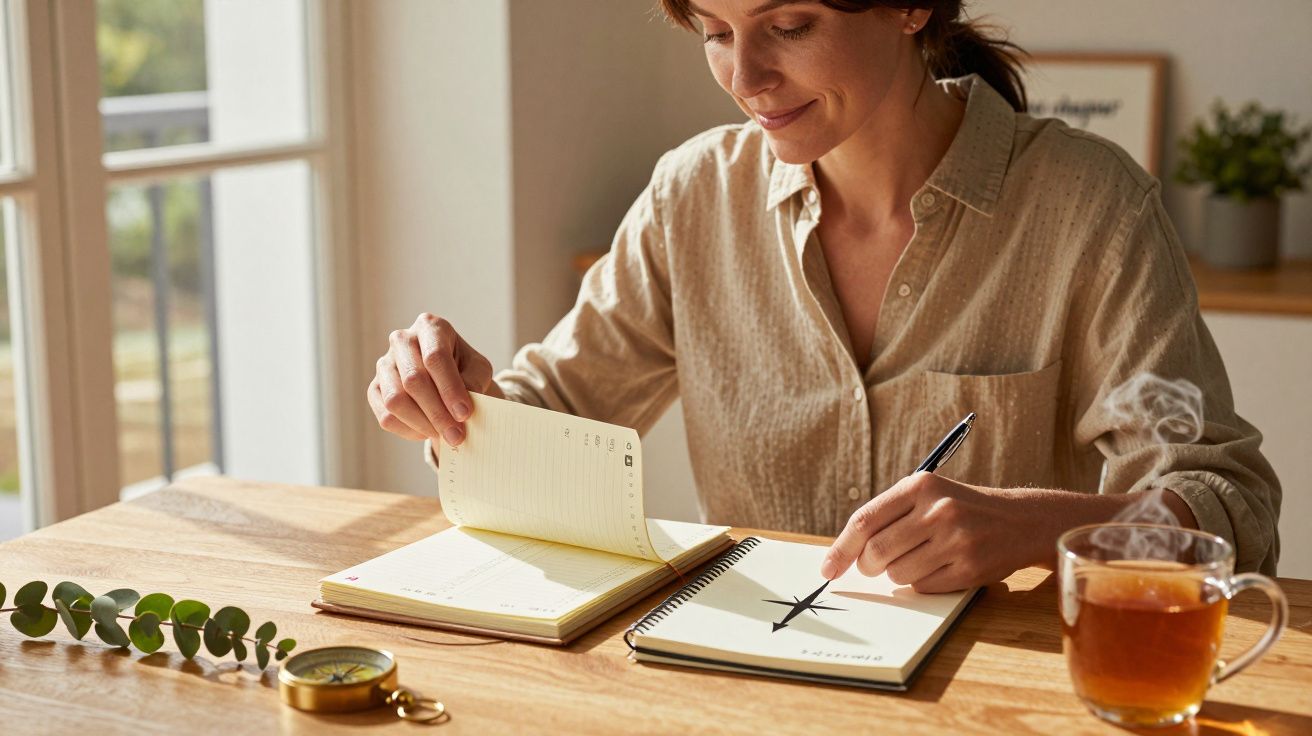 Mulher escreve em diário numa mesa com chá, bússola e folhas; luz solar entra pela janela.