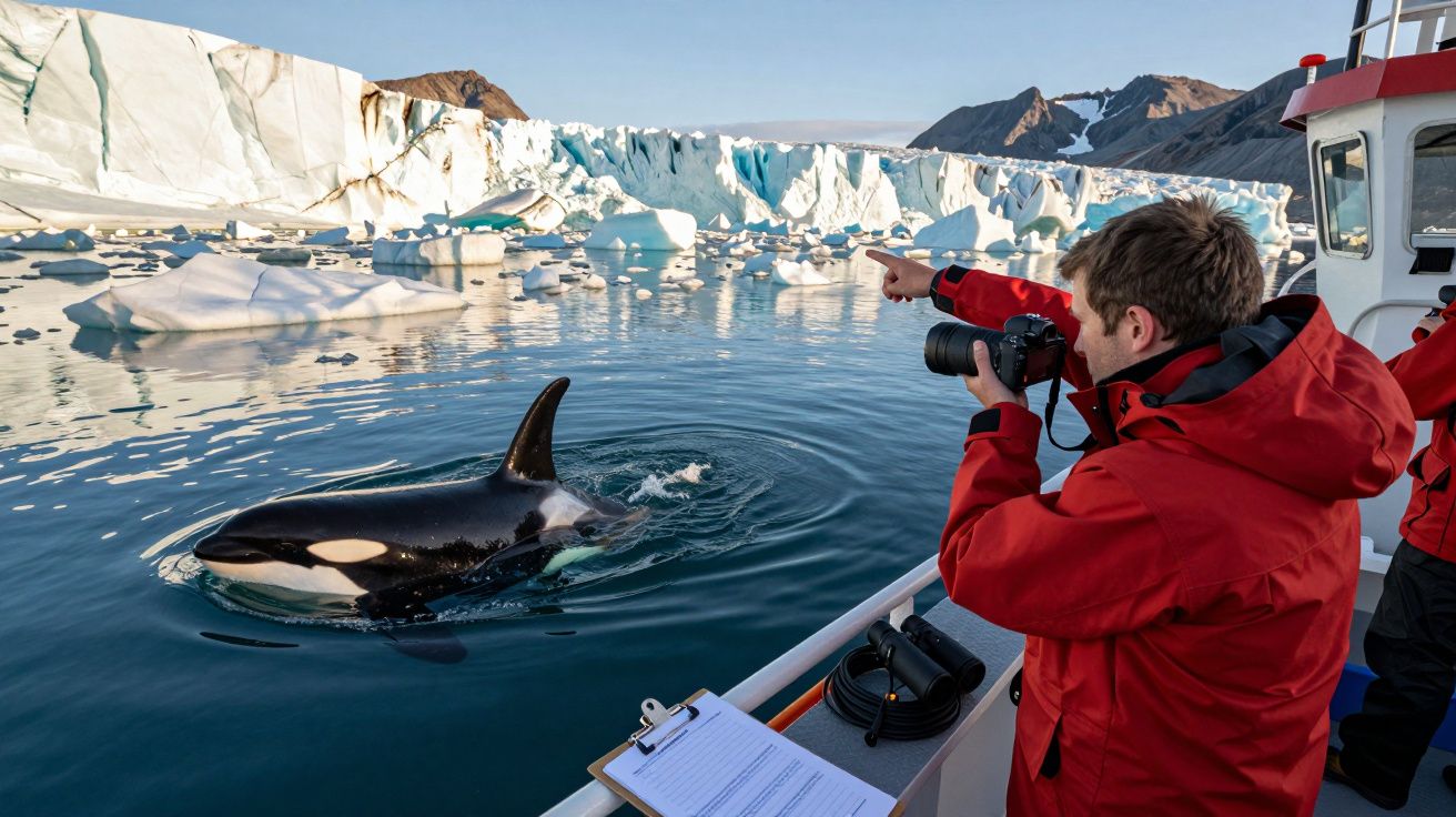 Homem de vermelho fotografa orca num barco em água gelada, rodeado de icebergs e geleiras ao fundo.