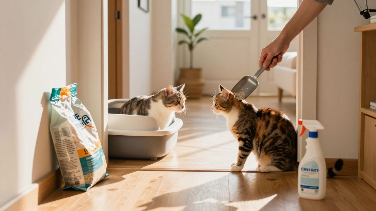 Dois gatos num corredor; um numa caixa de areia, outro fora. Pessoa limpando com pá ao lado de produtos de higiene.